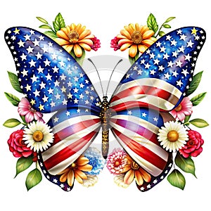 A butterfly with wings adorned in the pattern of the American flag white flowers