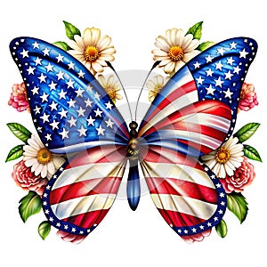 A butterfly with wings adorned in the pattern of the American flag white flowers