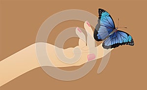 Butterfly on a woman`s hand