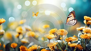 Butterfly on yellow flowers with bokeh background,vintage tone