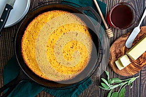 Buttermilk Cornbread Baked in a Cast-Iron Skillet From Overhead