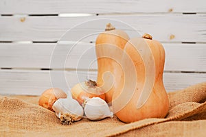 Butternut squash, galic, and onion close-up on a rustic background