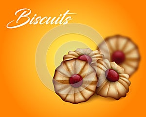 Buttery cookies with red jam on bright orange and yellow background. photo