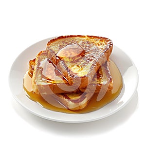 Buttery French toast, maple syrup, white background, Ai Generated