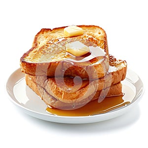 Buttery French toast, maple syrup, white background, Ai Generated