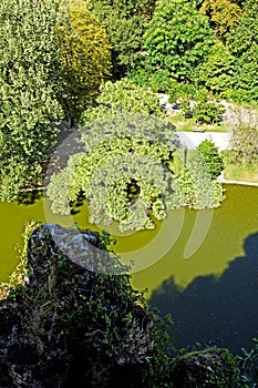 The Buttes-Chaumont, verticality. The famous Parisian park from above. Paris France