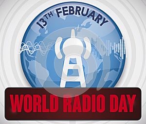 Button, Antenna and Globe for Special Broadcasting in Radio Day, Vector Illustration