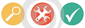 Button Banner: maintenance or tools with magnify and check mark