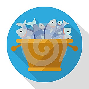 Button with basket and fish in flat style and long shadow, Vector illustration