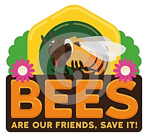 Button with Bee, Vegetation, Flowers and Sign Promoting Conservation Efforts, Vector Illustration