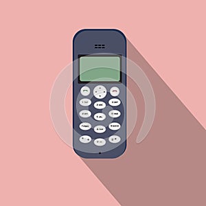 Button cell phone icon. Vector illustration of the mobile device. Flat style design with long shadow.