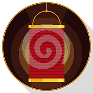 Button with Chinese lantern in flat style and long shadow, Vector Illustration