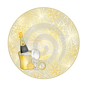 Button circular New Year fireworks and midnight toast gold background vector