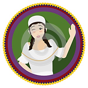 Button with Colombian woman wearing traditional paisa attire, Vector illustration