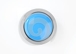 Button 3d render icon - start glossy blue simple circle with switch sign, round shutdown metal element