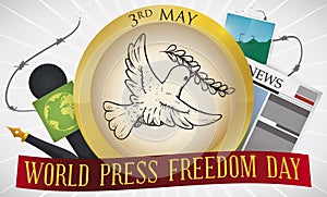 Button with Dove and Elements for World Press Freedom Day, Vector Illustration
