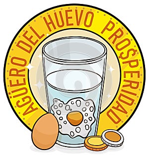Button with Egg, Glass and Coins Announcing Prosperity According to Omen, Vector Illustration