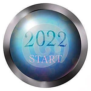 Button happy new year 2022 red, volumetric, start. rad