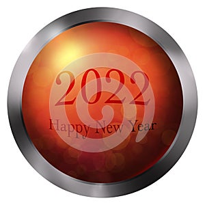 Button happy new year 2022 red, volumetric, start. rad