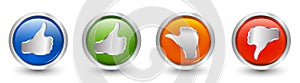 Button icons. Thumbs up green and blue - orange neutral thumb - thumb down red. Online voting symbol. Concept like it. Do not like