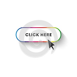 Button with long shadow. Click here. Spectrum gradient. Vector illustration.