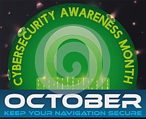 Button with Padlock Promoting Security during Cybersecurity Awareness Month, Vector Illustration