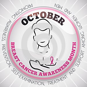 Button with Precepts and Male Silhouette for Breast Cancer Month, Vector Illustration