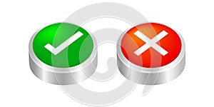 Button push 3d checkmark and x or confirm and deny for apps and websites, icon 3d checkmark choice, checkbox button for push