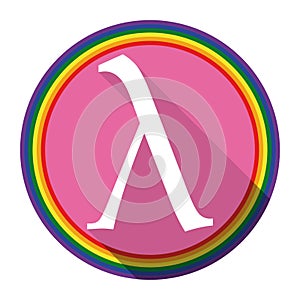 Button with rainbow frame and lambda symbol, Vector illustration