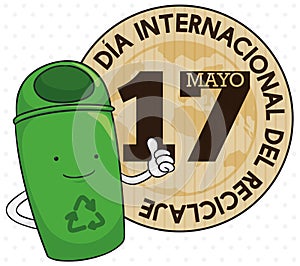 Button and Recycle Bin Promoting Recycling Day Celebration in Spanish, Vector Illustration