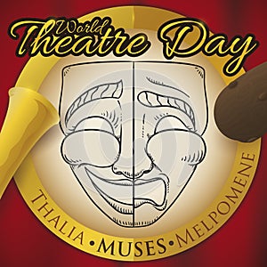 Button Representing the Muses and Mask for World Theatre Day, Vector Illustration