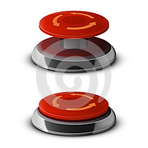 Red emergency stop button in on and off position, tridimensional button with metal elements photo