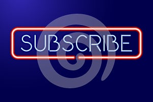 Button subscribe from glowing blue and red neon luminescence lines, blogger channel. Blogging, streaming. Social media concept