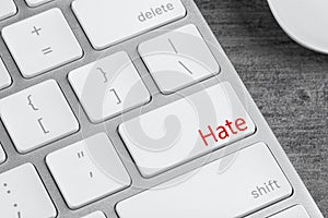 Button with text Hate on computer keyboard, closeup