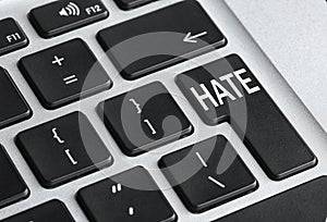 Button with text Hate on computer keyboard, closeup