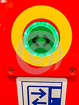 The button to open the door of a modern electric train stadler, close-up. Czech