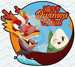 Button with Traditional Zongzi over Dragon Boat for Duanwu Festival, Vector Illustration