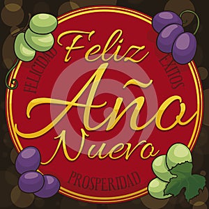 Button with Twelve Delicious Grapes for New Year in Spanish, Vector Illustration