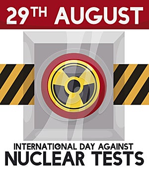 Button with Warning Tape for International Day Against Nuclear Tests, Vector Illustration