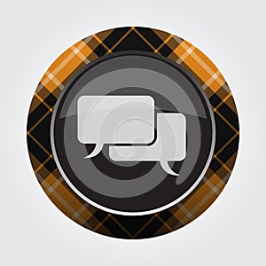 Button - white, black tartan, two speech bubbles