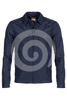 Buttoned navy blue windbreaker jacket on white background