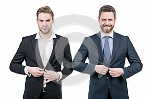 buttoning jacket. businessmen isolated on white. boss and employee. confident business partners.