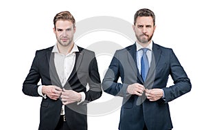 buttoning jacket. businessmen isolated on white. boss and employee. confident business partners.