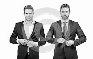 buttoning jacket. businessmen isolated on white. boss and employee. confident business partners.