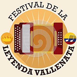 Buttons with Accordion, Crown and Flag for Vallenato Legend Festival, Vector Illustration