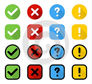 Buttons. Check mark and cross with question and exclamation signs, isolated. Signs collection in circle and square with shadow in