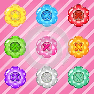 Buttons flowers of bright colours set fo clothing.