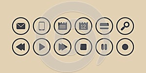 Buttons isolated vector set. Sms, phone, note, calendar, credit card, lens, play, stop, rewind, forward, pause, record grey icons