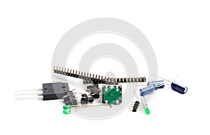 Buttons, led, encoder and connectors isolated on white