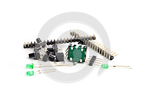 Buttons, led, encoder and connectors isolated on white